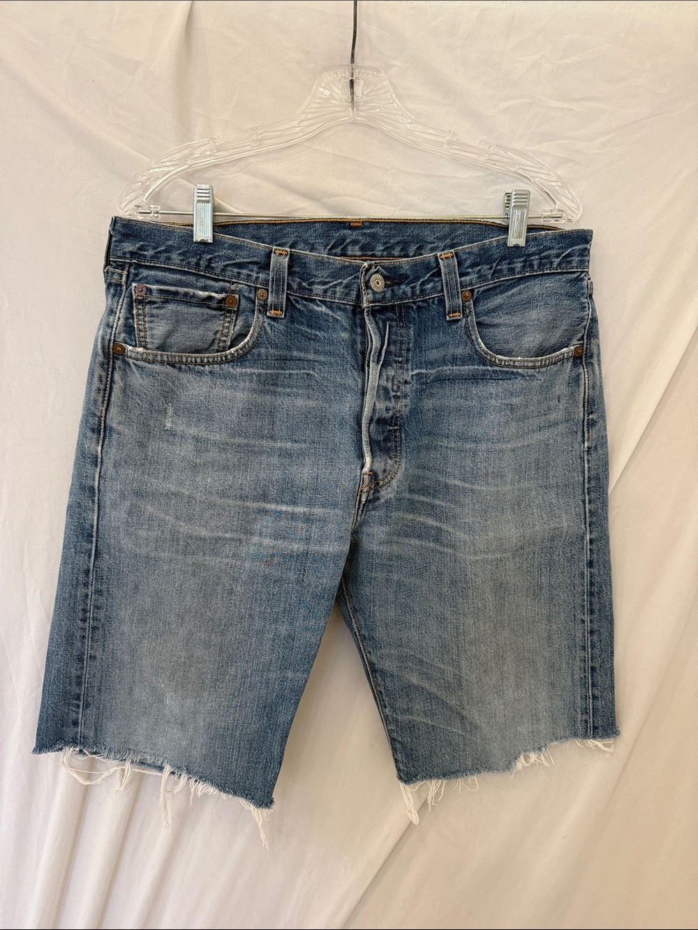 Levi's 501 Blue Distressed High-Rise Jean Shorts. Size 34/32